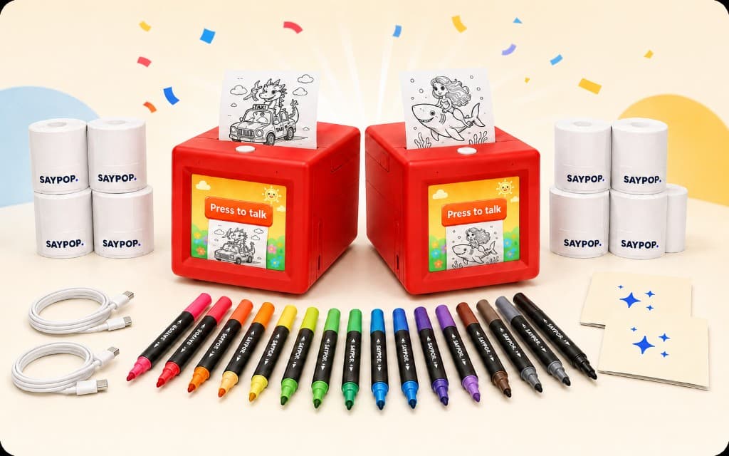 SayPop Double Dreamer Kit with two red printers, eight sticker paper rolls, sixteen markers, two USB-C cables, and prompt cards
