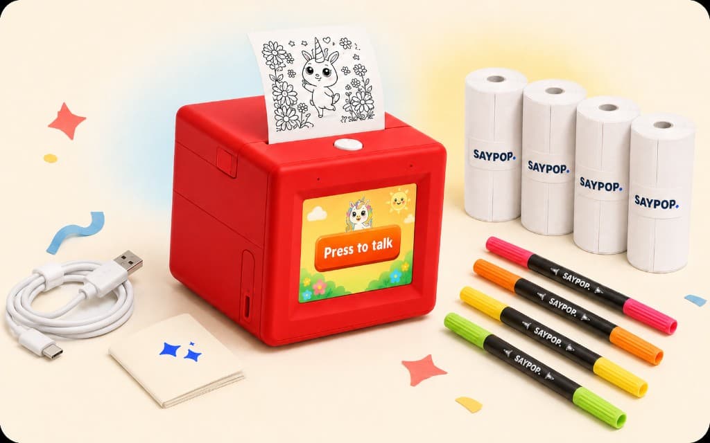 SayPop Starter Kit with red printer, four sticker paper rolls, four markers, USB-C cable, and prompt cards