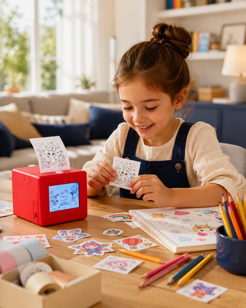 Young girl smiling at a sunlit table while holding a printed bunny sticker next to a red SayPop printer surrounded by colored stickers and markers