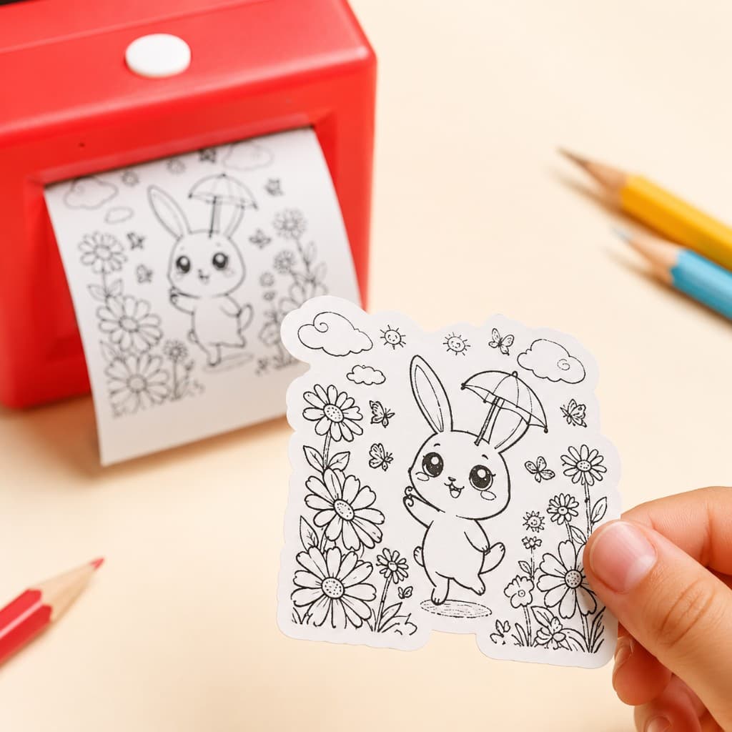Close-up of a hand holding a freshly printed bunny coloring page with the red SayPop printer and colored pencils softly blurred in the background