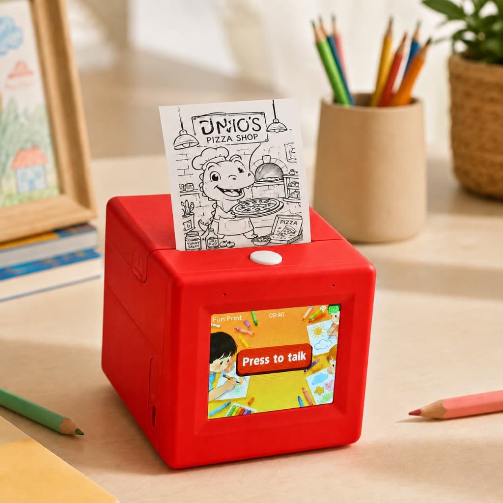 SayPop printing a Dino's Pizza Shop coloring sticker of a dinosaur chef holding a pizza