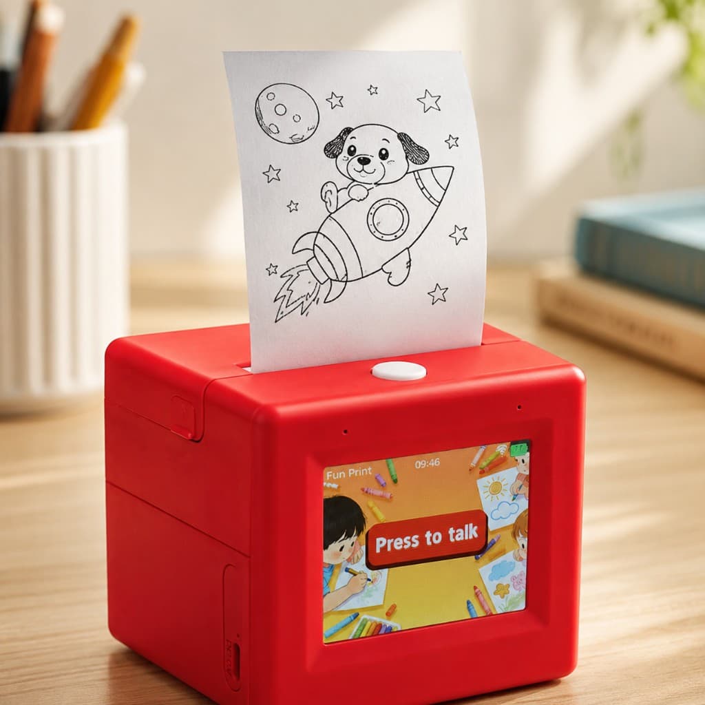 SayPop printing a coloring sticker of a puppy flying to the moon in a rocket ship