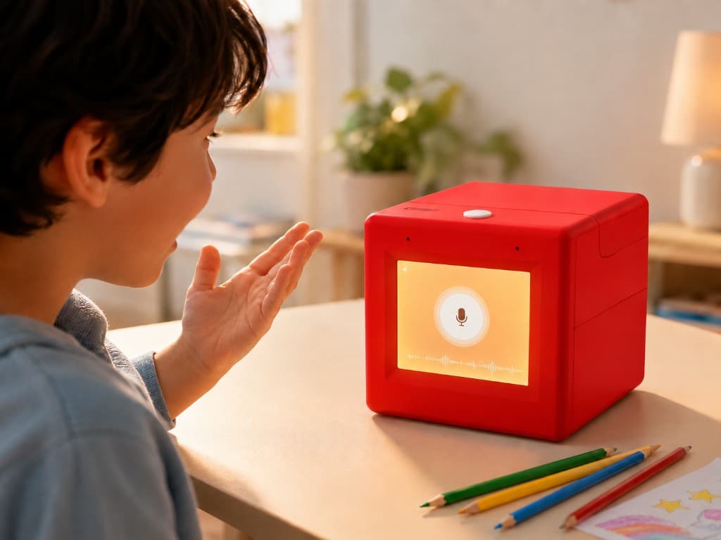 Young boy speaking excitedly to a red SayPop device whose screen shows a microphone and listening waveform
