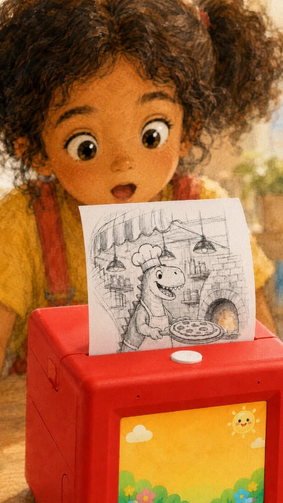 A young girl watching in wonder as a red SayPop printer outputs a black-and-white dinosaur chef drawing