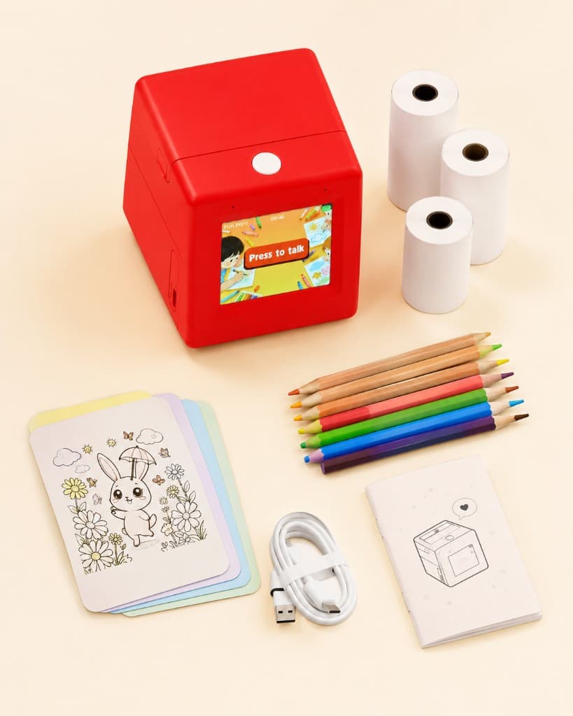Flat-lay of the SayPop kit including the red printer, thermal paper rolls, colored pencils, prompt cards, USB-C cable, and quick-start guide